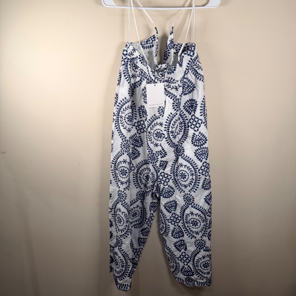 Blithe Los Angeles White Navy Blue Embroidered Wide Leg Jumpsuit Small NWT - Picture 4 of 8